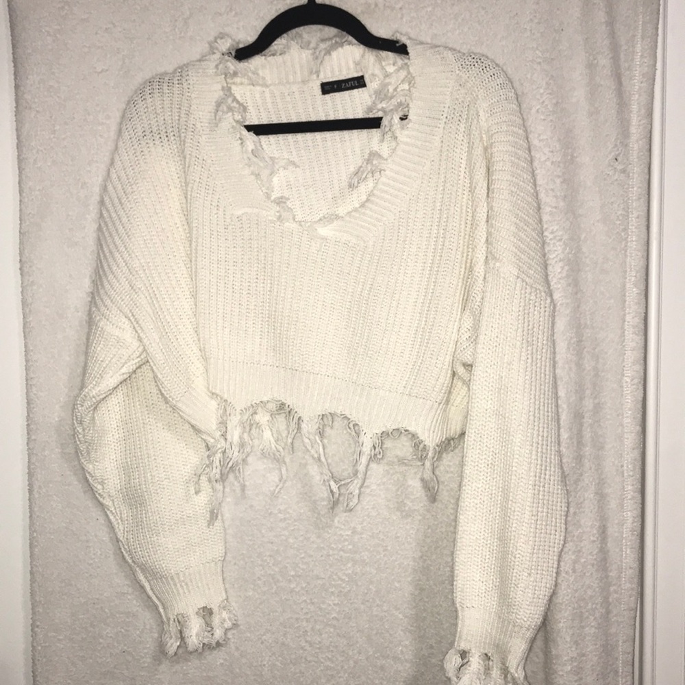 White Fringed Crop Top Sweater